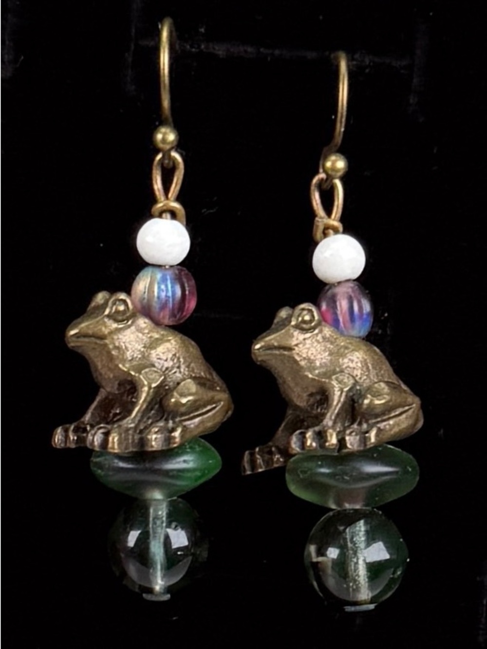 Vintage weighted, frog and lily pad pierced dangle earrings